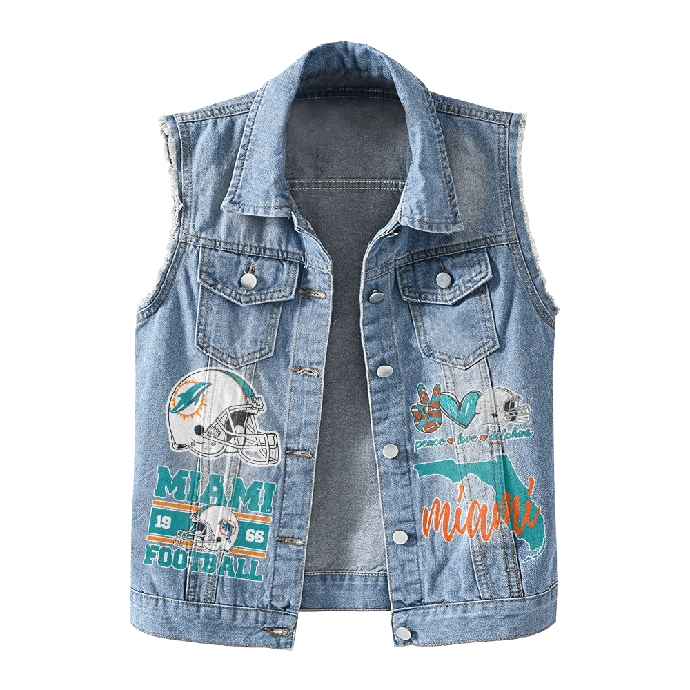 LIMITED EDITION - NEW PREMIUM NFL19 MDP MIAMI DOLPHINS UNISEX SLEEVELESS DENIM JACKET