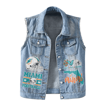 LIMITED EDITION - NEW PREMIUM NFL19 MDP MIAMI DOLPHINS UNISEX SLEEVELESS DENIM JACKET