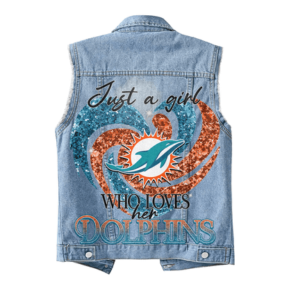 LIMITED EDITION - NEW PREMIUM NFL19 MDP MIAMI DOLPHINS UNISEX SLEEVELESS DENIM JACKET