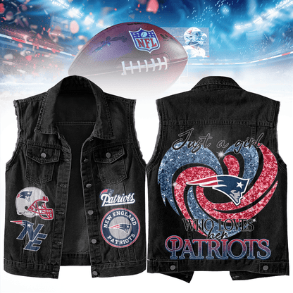 LIMITED EDITION - NEW PREMIUM NFL27 NEP NEW ENGLAND PATRIOTS UNISEX SLEEVELESS DENIM JACKET