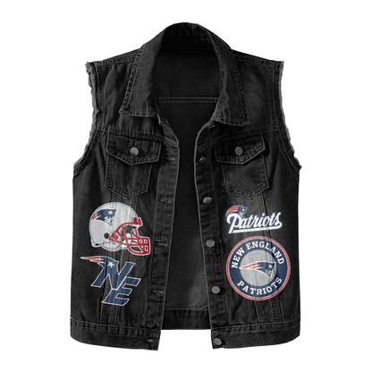 LIMITED EDITION - NEW PREMIUM NFL27 NEP NEW ENGLAND PATRIOTS UNISEX SLEEVELESS DENIM JACKET