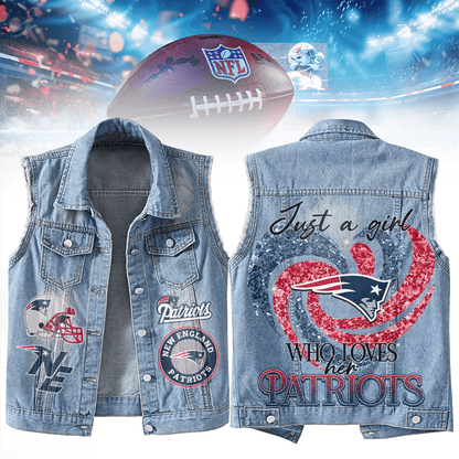 LIMITED EDITION - NEW PREMIUM NFL27 NEP NEW ENGLAND PATRIOTS UNISEX SLEEVELESS DENIM JACKET