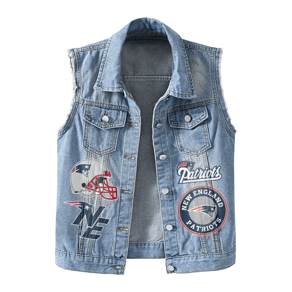 LIMITED EDITION - NEW PREMIUM NFL27 NEP NEW ENGLAND PATRIOTS UNISEX SLEEVELESS DENIM JACKET