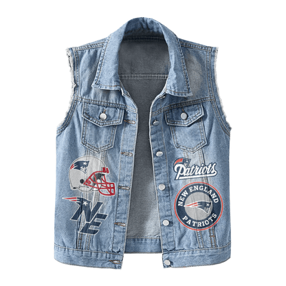 LIMITED EDITION - NEW PREMIUM NFL27 NEP NEW ENGLAND PATRIOTS UNISEX SLEEVELESS DENIM JACKET