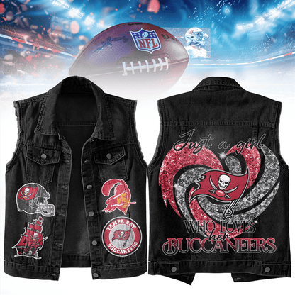LIMITED EDITION - NEW PREMIUM NFL10 TBB TAMPA BAY BUCCANEERS UNISEX SLEEVELESS DENIM JACKET