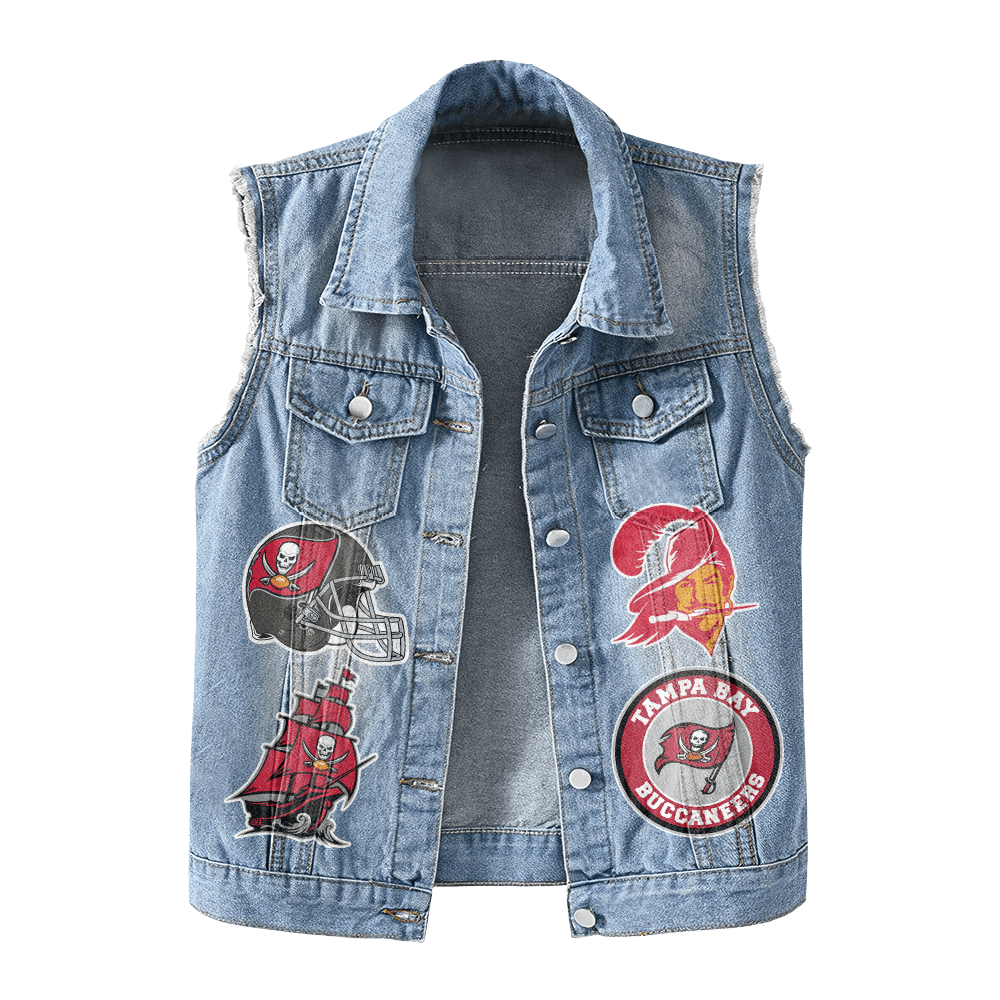 LIMITED EDITION - NEW PREMIUM NFL10 TBB TAMPA BAY BUCCANEERS UNISEX SLEEVELESS DENIM JACKET