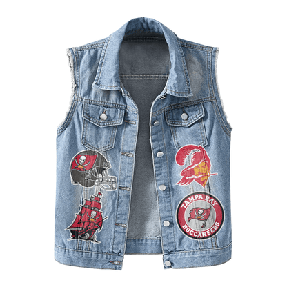 LIMITED EDITION - NEW PREMIUM NFL10 TBB TAMPA BAY BUCCANEERS UNISEX SLEEVELESS DENIM JACKET