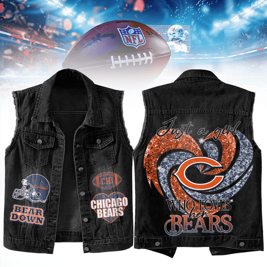 LIMITED EDITION - NEW PREMIUM NFL26 CCB CHICAGO BEARS UNISEX SLEEVELESS DENIM JACKET