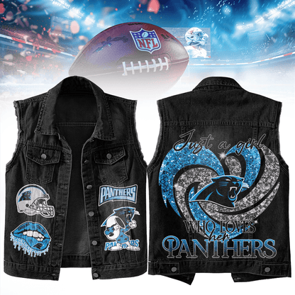 LIMITED EDITION - NEW PREMIUM NFL23 CLP CAROLINA PANTHERS UNISEX SLEEVELESS DENIM JACKET