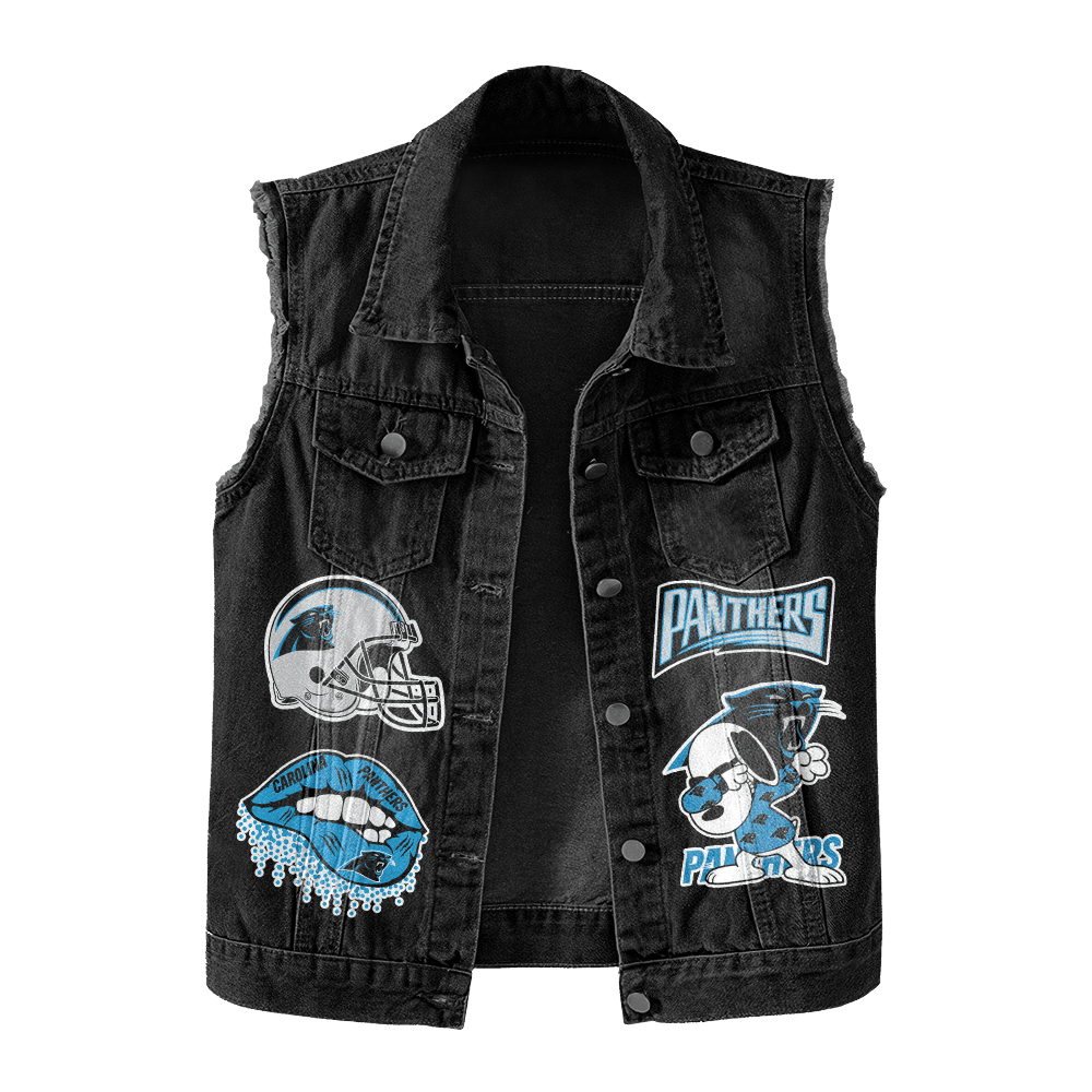 LIMITED EDITION - NEW PREMIUM NFL23 CLP CAROLINA PANTHERS UNISEX SLEEVELESS DENIM JACKET