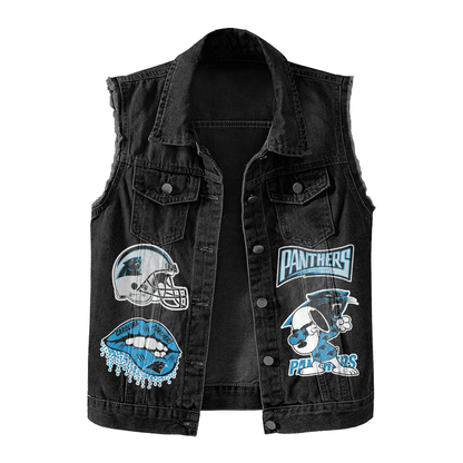 LIMITED EDITION - NEW PREMIUM NFL23 CLP CAROLINA PANTHERS UNISEX SLEEVELESS DENIM JACKET