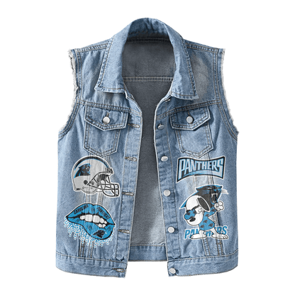 LIMITED EDITION - NEW PREMIUM NFL23 CLP CAROLINA PANTHERS UNISEX SLEEVELESS DENIM JACKET