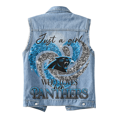 LIMITED EDITION - NEW PREMIUM NFL23 CLP CAROLINA PANTHERS UNISEX SLEEVELESS DENIM JACKET