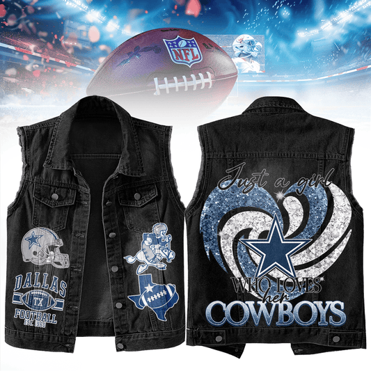 LIMITED EDITION - NEW PREMIUM NFL21 DCB DALLAS COWBOYS UNISEX SLEEVELESS DENIM JACKET