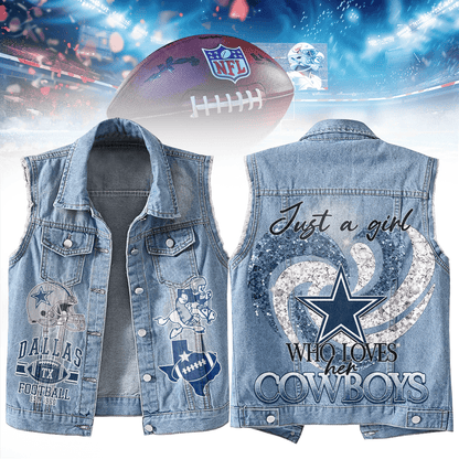 LIMITED EDITION - NEW PREMIUM NFL21 DCB DALLAS COWBOYS UNISEX SLEEVELESS DENIM JACKET
