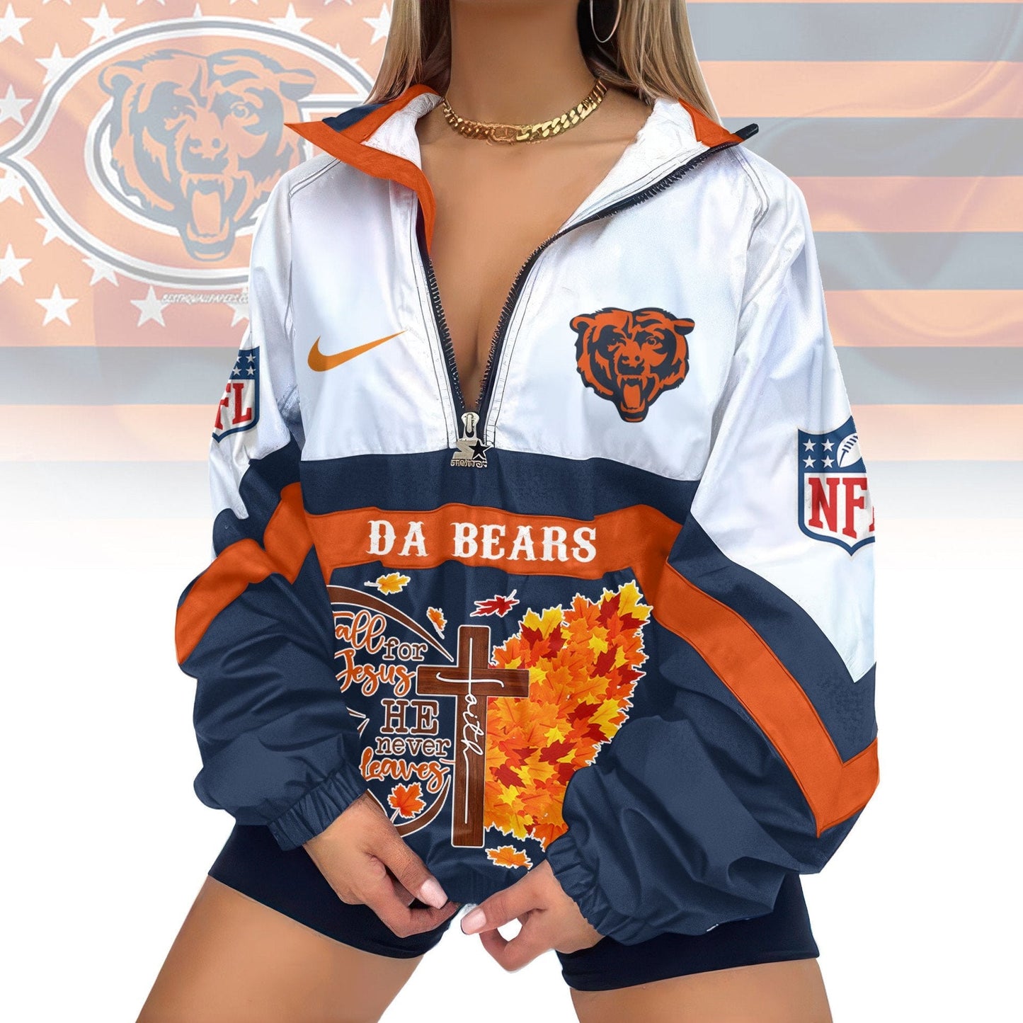 LIMITED EDITION - NEW CUSTOMIZED NFL26 CCB CHICAGO BEARS FAITH & FALL V-NECK ZIPPER SWEATSHIRT JACKET