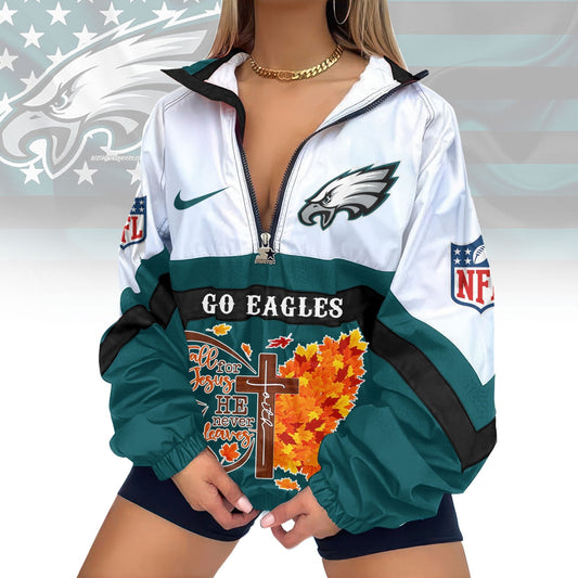 LIMITED EDITION - NEW CUSTOMIZED NFL02 PPE PHILADELPHIA EAGLES FAITH & FALL V-NECK ZIPPER SWEATSHIRT JACKET