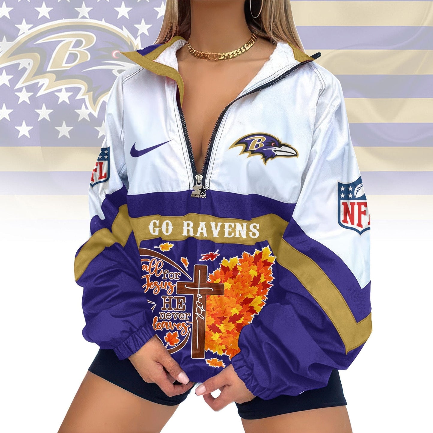 LIMITED EDITION - NEW CUSTOMIZED NFL28 BTR BALTIMORE RAVENS FAITH & FALL V-NECK ZIPPER SWEATSHIRT JACKET