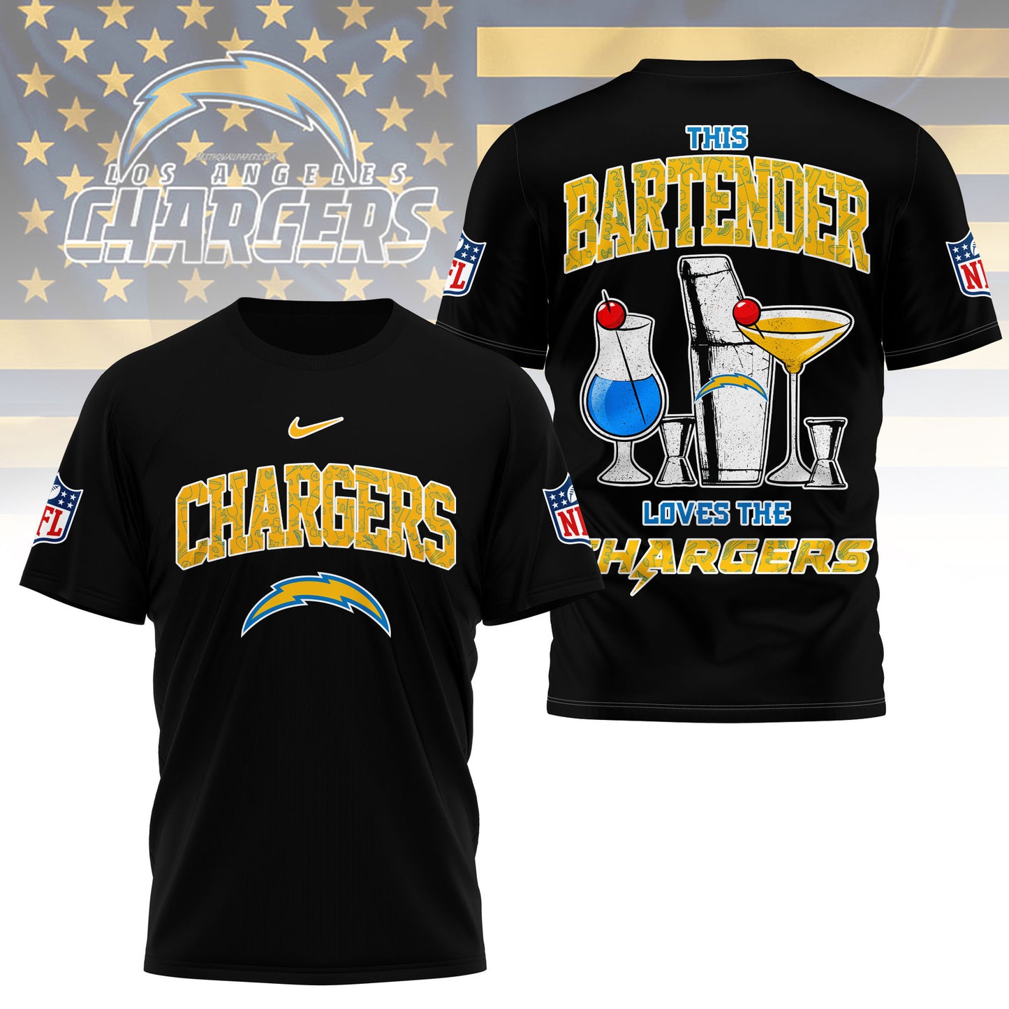 LIMITED EDITION - NEW CUSTOMIZED NFL09 LAC LOS ANGELES CHARGERS BARTENDER FAN 3D SHIRT