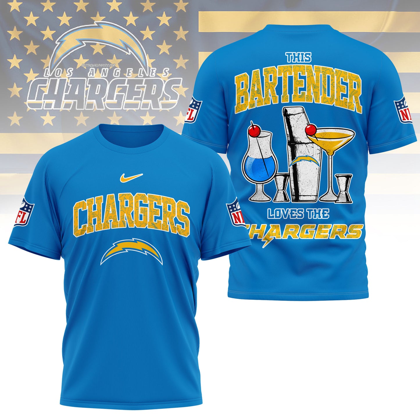 LIMITED EDITION - NEW CUSTOMIZED NFL09 LAC LOS ANGELES CHARGERS BARTENDER FAN 3D SHIRT