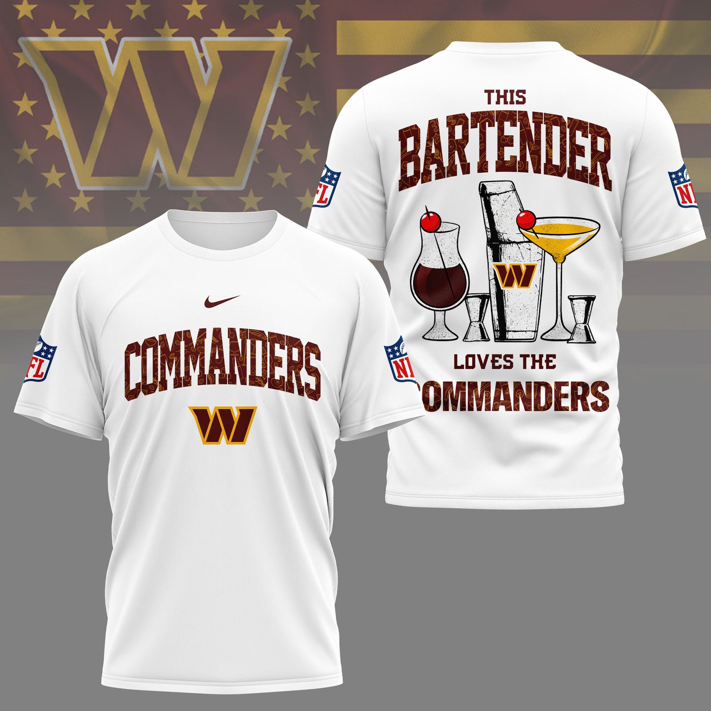 LIMITED EDITION - NEW CUSTOMIZED NFL12 WTC WASHINGTON COMMANDERS BARTENDER FAN 3D SHIRT