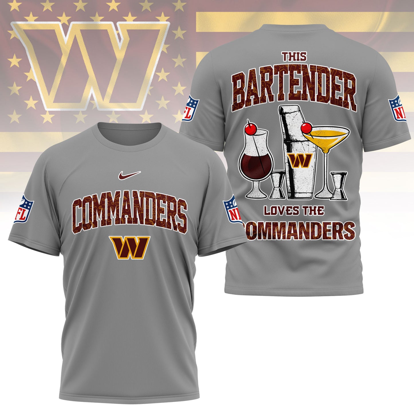 LIMITED EDITION - NEW CUSTOMIZED NFL12 WTC WASHINGTON COMMANDERS BARTENDER FAN 3D SHIRT