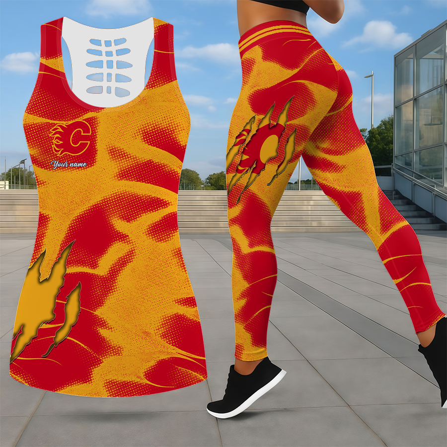LIMITED EDITION - NEW CUSTOMIZED NHL17 CGF CALGARY FLAMES LEGGINGS & HOLLOW TANK TOP SET