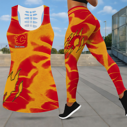 LIMITED EDITION - NEW CUSTOMIZED NHL17 CGF CALGARY FLAMES LEGGINGS & HOLLOW TANK TOP SET