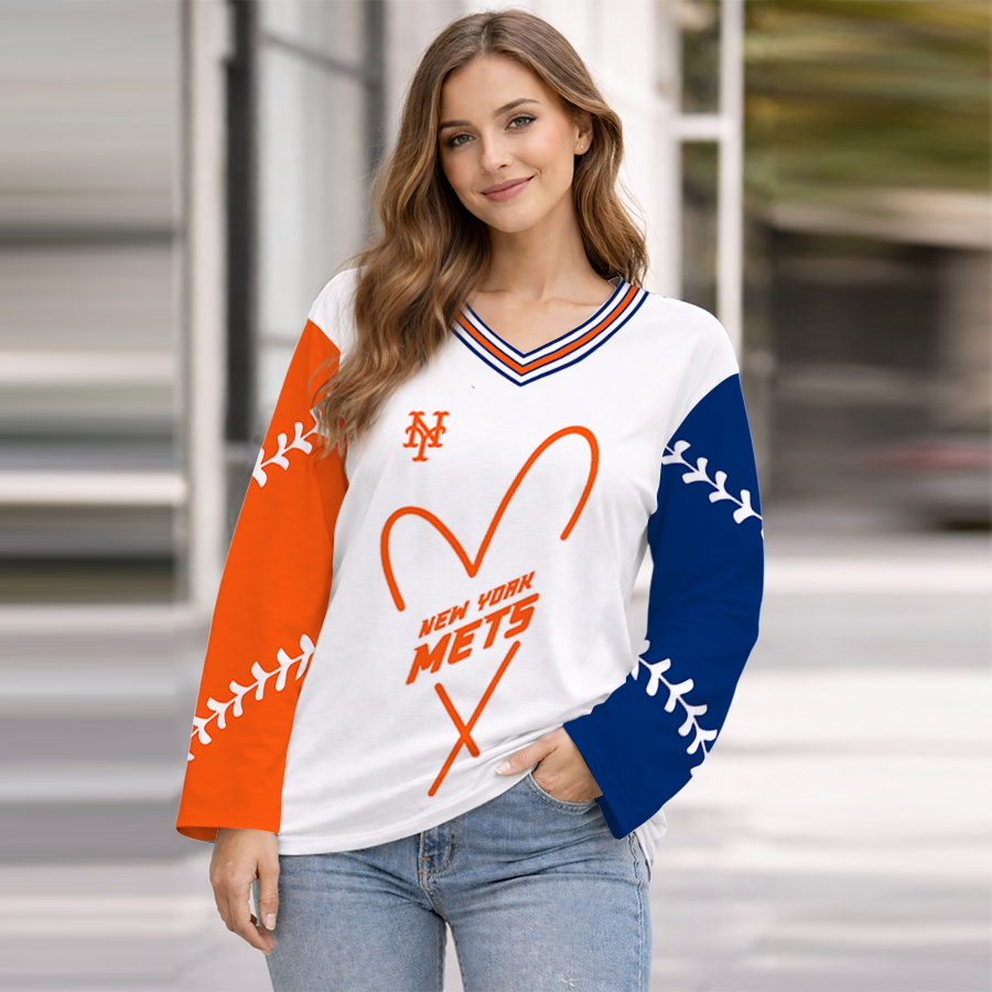 LIMITED EDITION - NEW CUSTOMIZED MLB17 NYM NEW YORK METS WOMEN'S HEART V-NECK LONG SLEEVE SHIRT