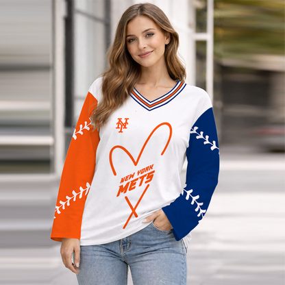 LIMITED EDITION - NEW CUSTOMIZED MLB17 NYM NEW YORK METS WOMEN'S HEART V-NECK LONG SLEEVE SHIRT