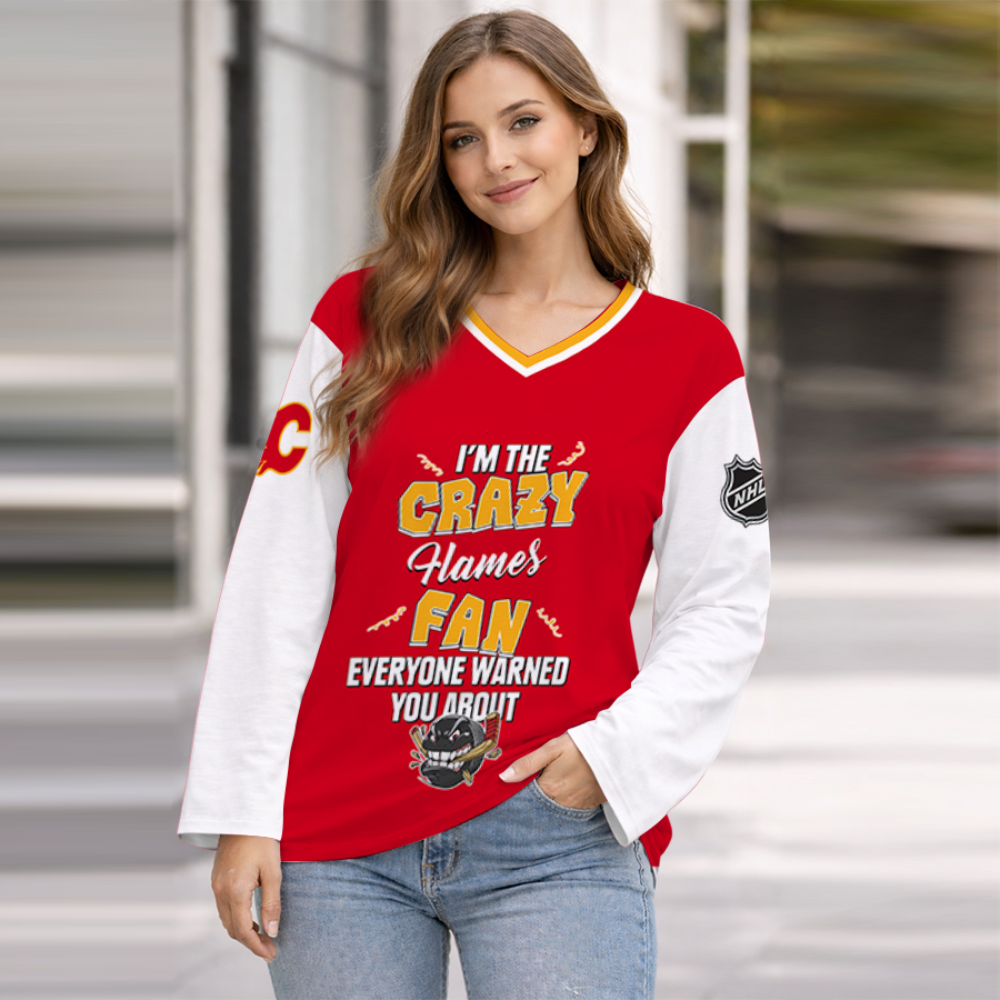 LIMITED EDITION - NEW CUSTOMIZED NHL17 CGF CALGARY FLAMES WOMEN'S HEART V-NECK LONG SLEEVE SHIRT
