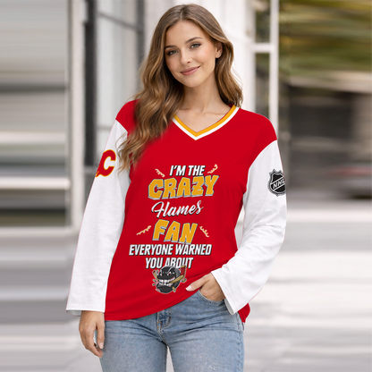 LIMITED EDITION - NEW CUSTOMIZED NHL17 CGF CALGARY FLAMES WOMEN'S HEART V-NECK LONG SLEEVE SHIRT