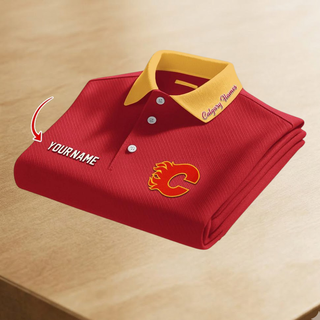 LIMITED EDITION - NEW CUSTOMIZED NHL17 CGF CALGARY FLAMES POLO SHIRT