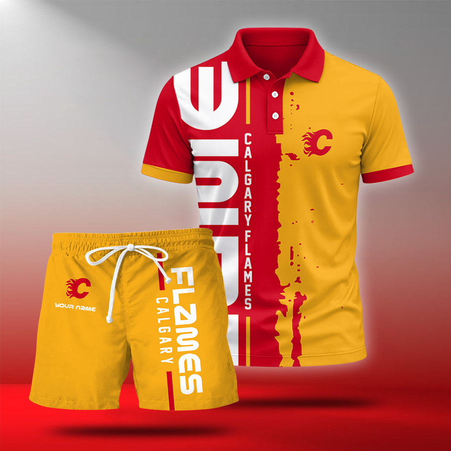 LIMITED EDITION - NEW CUSTOMIZED NHL17 CGF CALGARY FLAMES POLO & SHORT PANTS SET