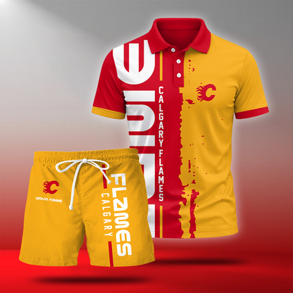 LIMITED EDITION - NEW CUSTOMIZED NHL17 CGF CALGARY FLAMES POLO & SHORT PANTS SET