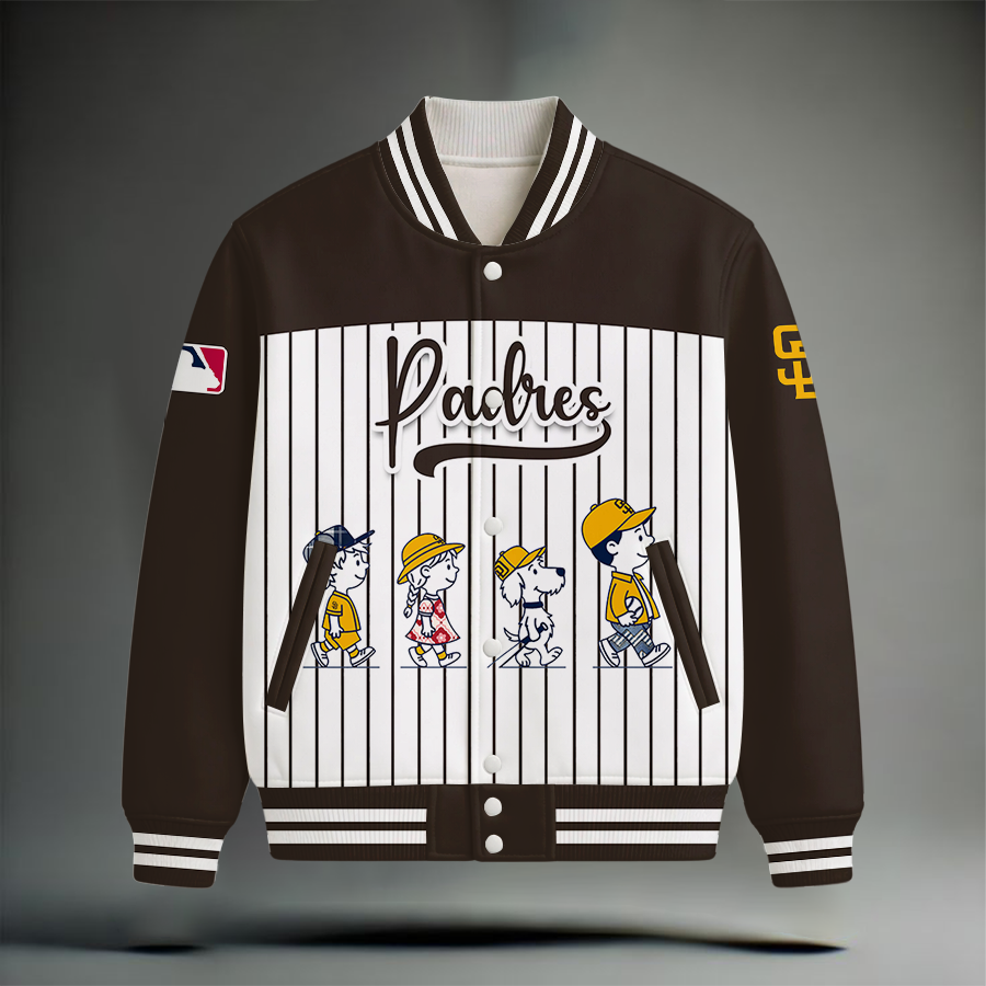 LIMITED EDITION - NEW CUSTOMIZED MLB18 SDP SAN DIEGO PADRES SNOOPY STYLE SATIN VARSITY & BASEBALL JACKET