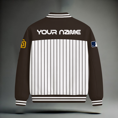 LIMITED EDITION - NEW CUSTOMIZED MLB18 SDP SAN DIEGO PADRES SNOOPY STYLE SATIN VARSITY & BASEBALL JACKET