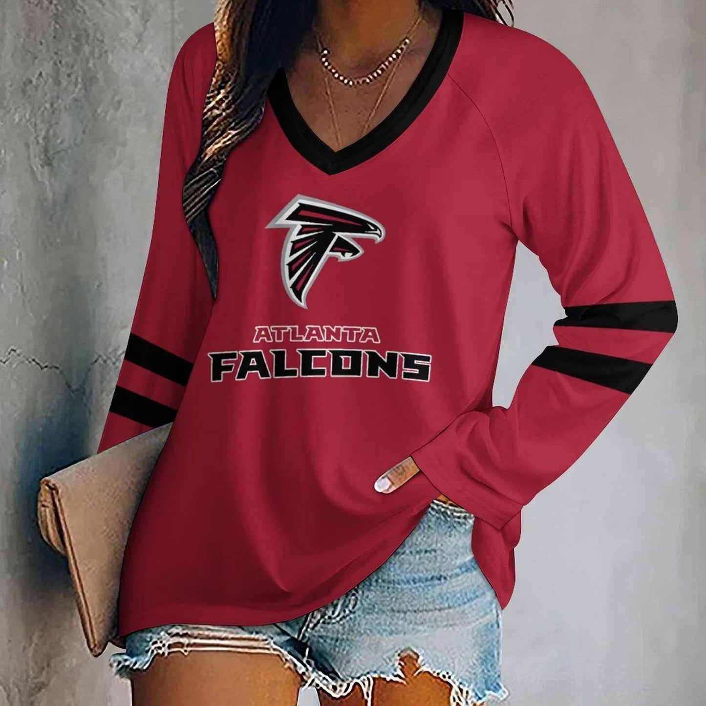 LIMITED EDITION - NEW CUSTOMIZED NFL18 ATF ATLANTA FALCONS WOMEN'S V-NECK LONG SLEEVED SHIRT