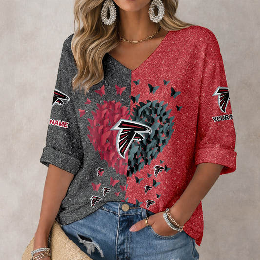 LIMITED EDITION - NEW CUSTOMIZED NFL18 ATF ATLANTA FALCONS WOMEN'S HEART V-NECK LONG SLEEVE SHIRT