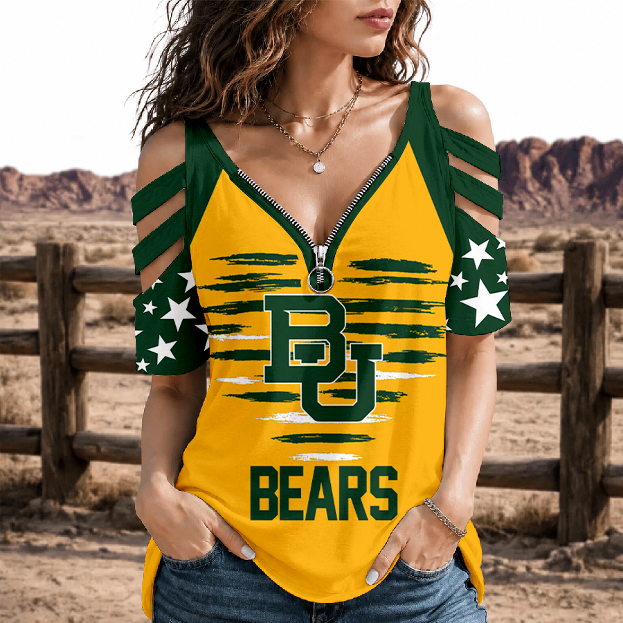 [FAN FAVORITE] NEW CUSTOMIZED NCAA MAM18 BAB BAYLOR BEARS STRAPPY COLD-SHOULDER TOP