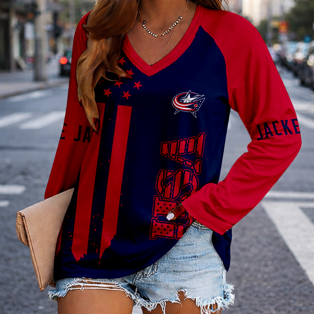 LIMITED EDITION - NEW CUSTOMIZED NHL18 CBJ COLUMBUS BLUE JACKETS WOMEN'S V-NECK LONG SLEEVED SHIRT