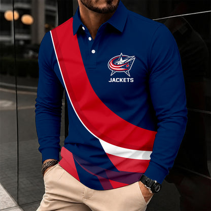 [SUPER SALE] NEW CUSTOMIZED NHL18 CBJ COLUMBUS BLUE JACKETS MEN LONG SLEEVE POLO