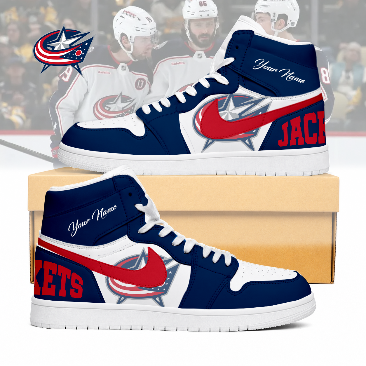 LIMITED EDITION - NEW CUSTOMIZED NHL18 CBJ COLUMBUS BLUE JACKETS AIR JORDAN SNEAKERS