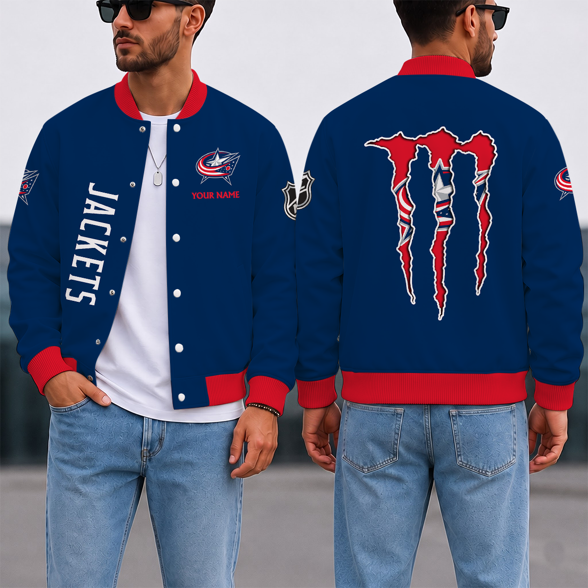 EXCLUSIVE EDITION - NEW CUSTOMIZED NHL18 CBJ COLUMBUS BLUE JACKETS SATIN VARSITY JACKET & BASEBALL JACKET