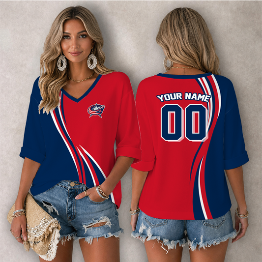 LIMITED EDITION - NEW CUSTOMIZED NHL18 CBJ COLUMBUS BLUE JACKETS WOMEN'S HEART V-NECK LONG SLEEVE SHIRT