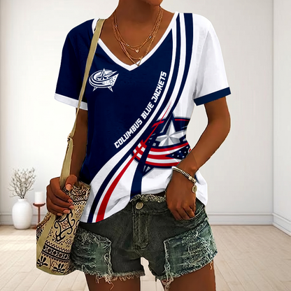 LIMITED EDITION - NEW CUSTOMIZED NHL18 CBJ COLUMBUS BLUE JACKETS V-NECK FEMALE SHIRT