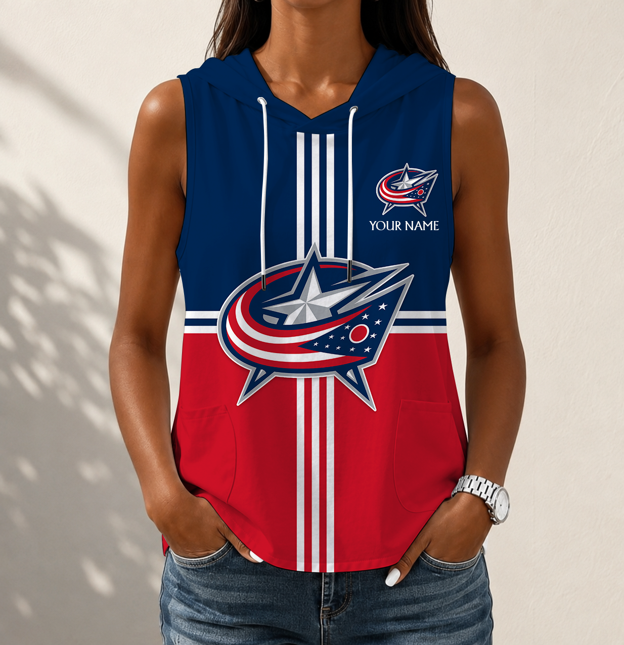 VIRAL EDITION - NEW CUSTOMIZED NHL18 CBJ COLUMBUS BLUE JACKETS WOMEN'S SLEEVELESS HOODED POCKET TANK TOP