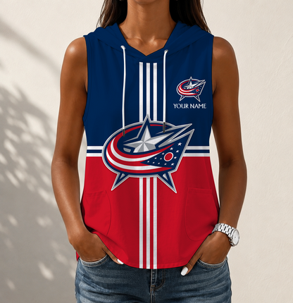 VIRAL EDITION - NEW CUSTOMIZED NHL18 CBJ COLUMBUS BLUE JACKETS WOMEN'S SLEEVELESS HOODED POCKET TANK TOP