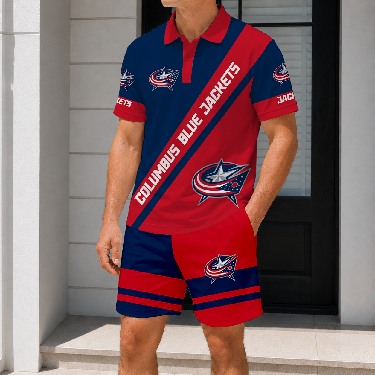 LIMITED EDITION - NEW CUSTOMIZED NHL18 CBJ COLUMBUS BLUE JACKETS POLO & SHORT PANTS SET