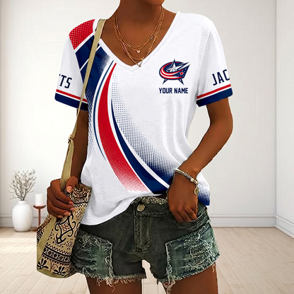LIMITED EDITION - NEW CUSTOMIZED NHL18 CBJ COLUMBUS BLUE JACKETS V-NECK FEMALE SHIRT